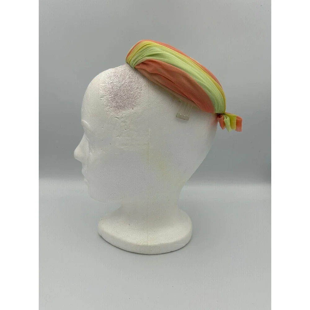 Vintage Jo Bailey Hats Fascinator Pillbox Green Yellow Peach Chiffon Bow 60s